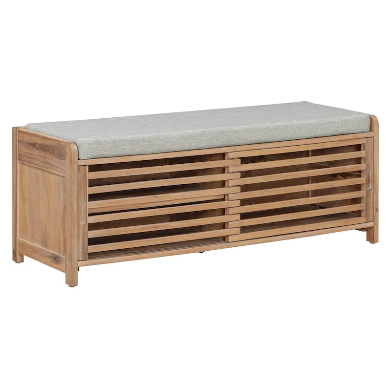 Distressed Shutter Storage Bench with Acacia Veneer for Retro Charm for Living Room, Entryway (Navy)