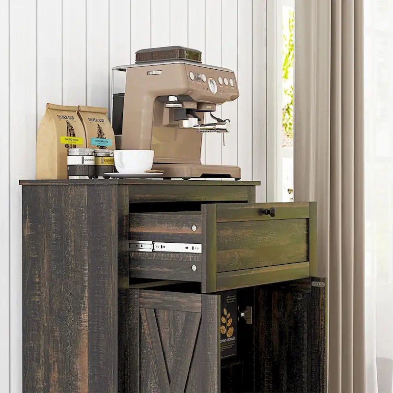 Farmhouse Barn Door Accent Cabinet, Kitchen Sideboard Storage Cabinet with Double Doors, Drawer, and Adjustable Shelf