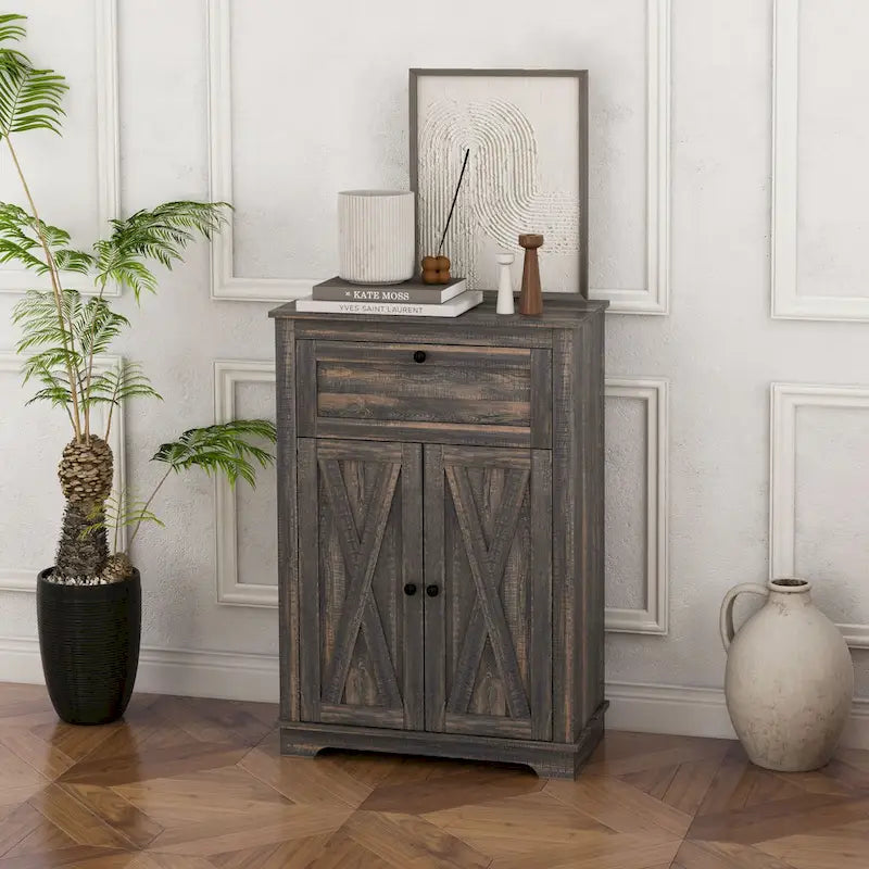 Farmhouse Barn Door Accent Cabinet, Kitchen Sideboard Storage Cabinet with Double Doors, Drawer, and Adjustable Shelf