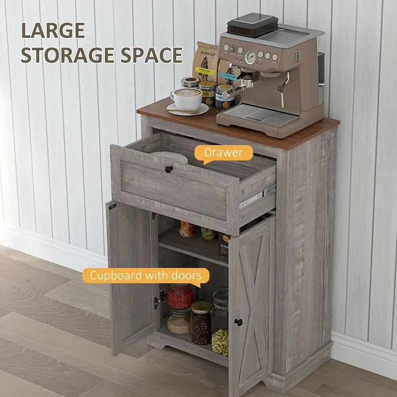 Farmhouse Barn Door Accent Cabinet, Kitchen Sideboard Storage Cabinet with Double Doors, Drawer, and Adjustable Shelf