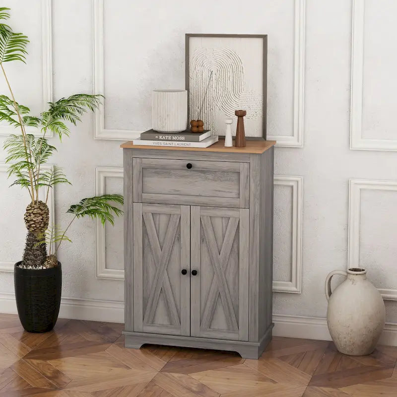 Farmhouse Barn Door Accent Cabinet, Kitchen Sideboard Storage Cabinet with Double Doors, Drawer, and Adjustable Shelf