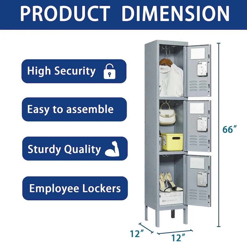 3 Door 66H Metal Lockers With Lock for Employees,Storage Locker Cabinet for Home Gym Office School Garage,Gray