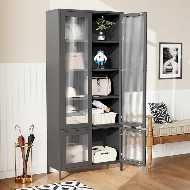 Large Metal Storage Cabinet Display Cabinet with 4 Glass Doors 5 Shelves Side Cabinet Bookcase Freestanding Cabinet