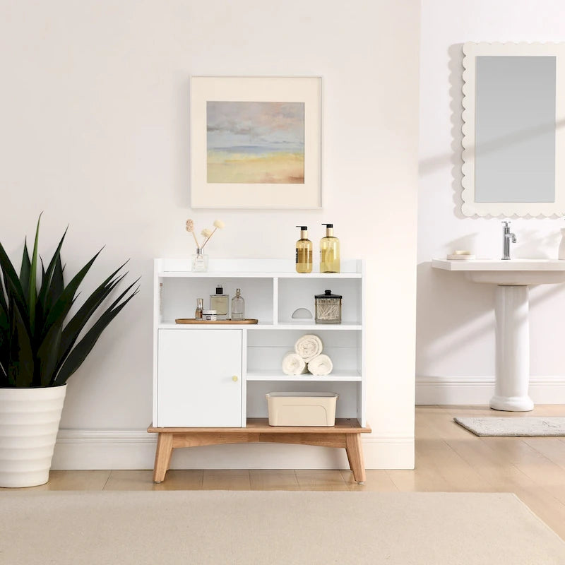 Colorblocking Storage Cabinet with Solid Wood Base & feet, Floor Cabinet