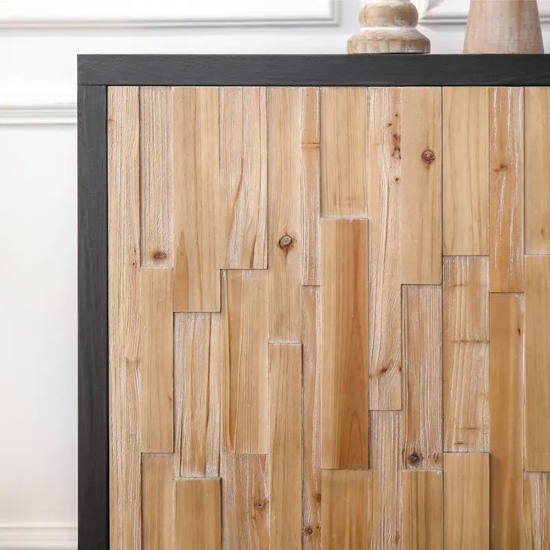 Modern Wooden 4-Door Storage Cabinet with Textured Geometric Design - Natural Wood Door