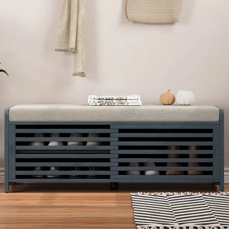 43.30 Solid Wood Storage Bench with Contemporary Distressed Blinds