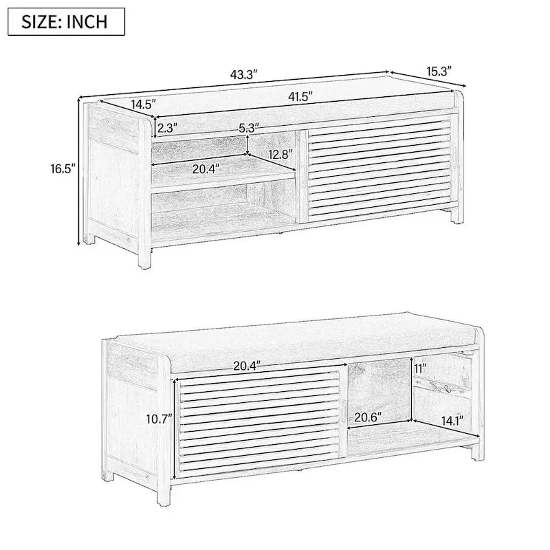43.30 Solid Wood Storage Bench with Contemporary Distressed Blinds