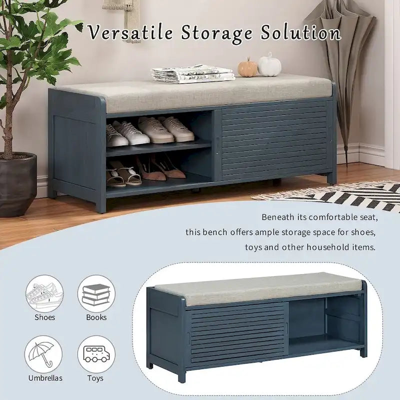 43.30 Solid Wood Storage Bench with Contemporary Distressed Blinds