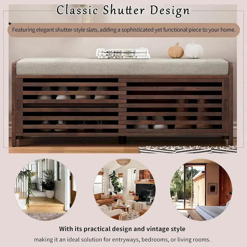 43.30 Solid Wood Storage Bench with Contemporary Distressed Blinds