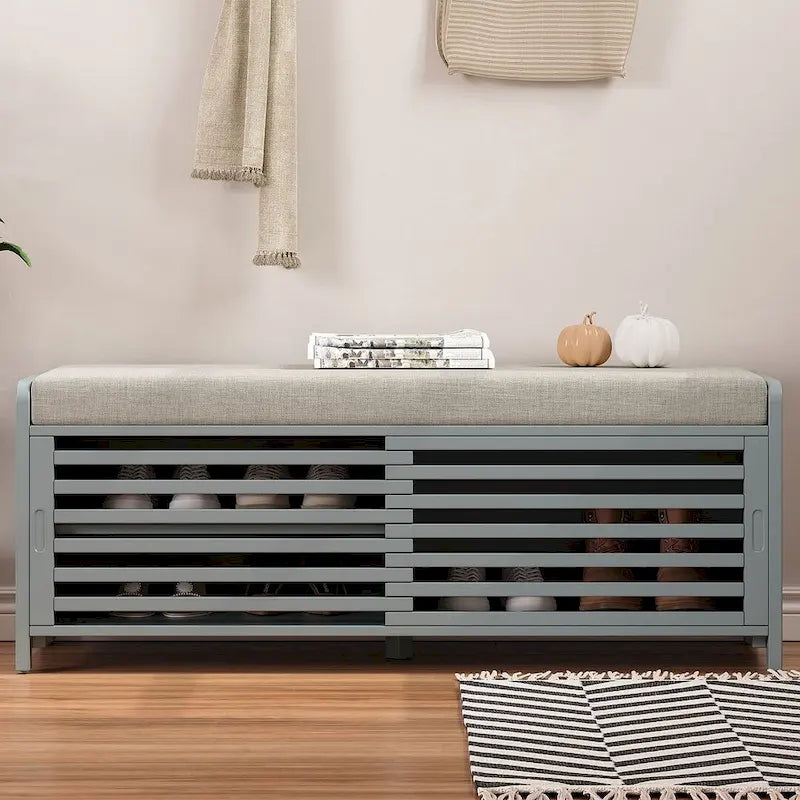 43.30 Solid Wood Storage Bench with Contemporary Distressed Blinds