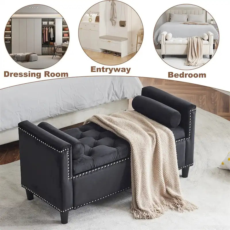 Storage Bench,44.5-Inch Queen Velvet Button Bedside Bench w/Armrests
