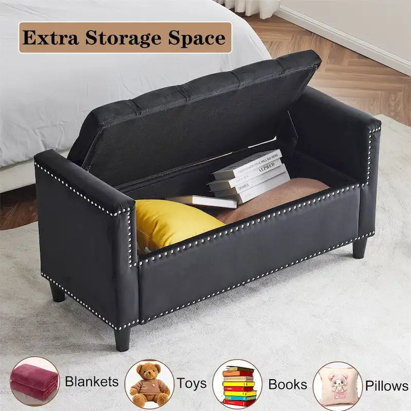 Storage Bench,44.5-Inch Queen Velvet Button Bedside Bench w/Armrests