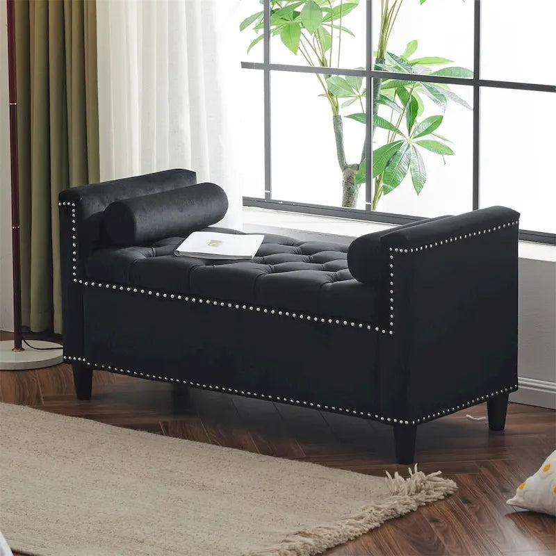 Storage Bench,44.5-Inch Queen Velvet Button Bedside Bench w/Armrests