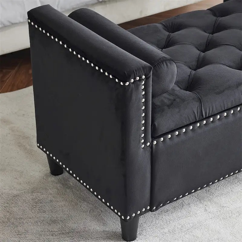 Storage Bench,44.5-Inch Queen Velvet Button Bedside Bench w/Armrests