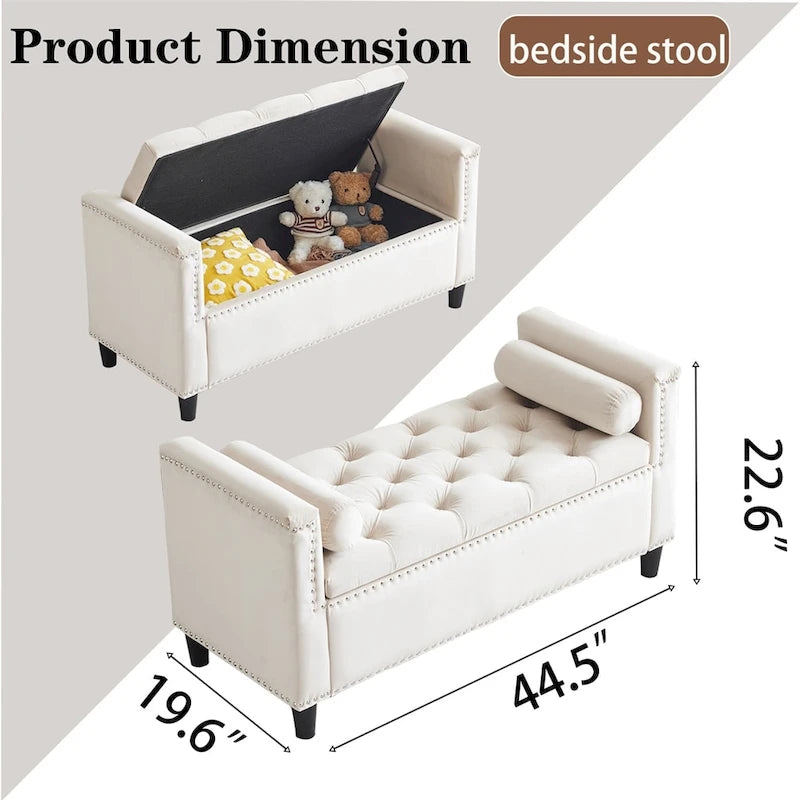 Storage Bench,44.5-Inch Queen Velvet Button Bedside Bench w/Armrests