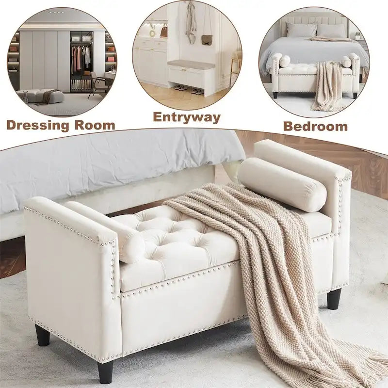 Storage Bench,44.5-Inch Queen Velvet Button Bedside Bench w/Armrests
