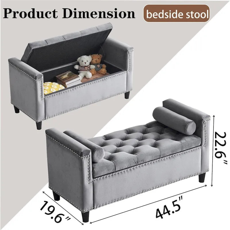 Storage Bench,44.5-Inch Queen Velvet Button Bedside Bench w/Armrests