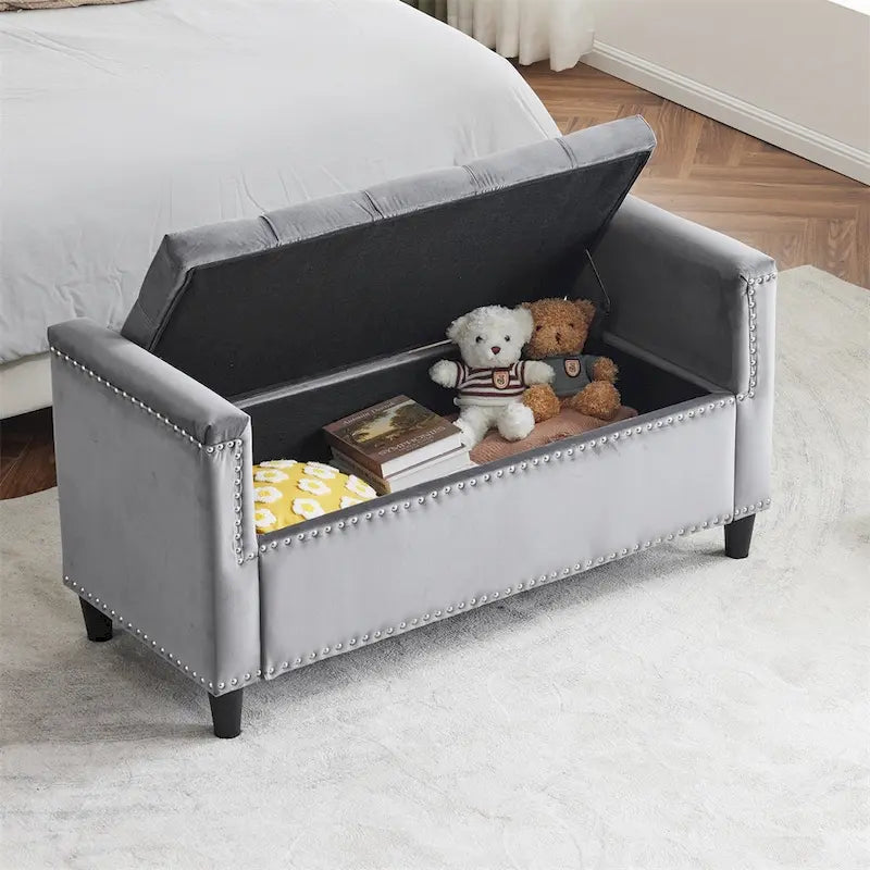 Storage Bench,44.5-Inch Queen Velvet Button Bedside Bench w/Armrests