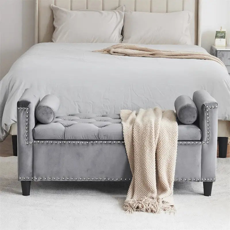 Storage Bench,44.5-Inch Queen Velvet Button Bedside Bench w/Armrests
