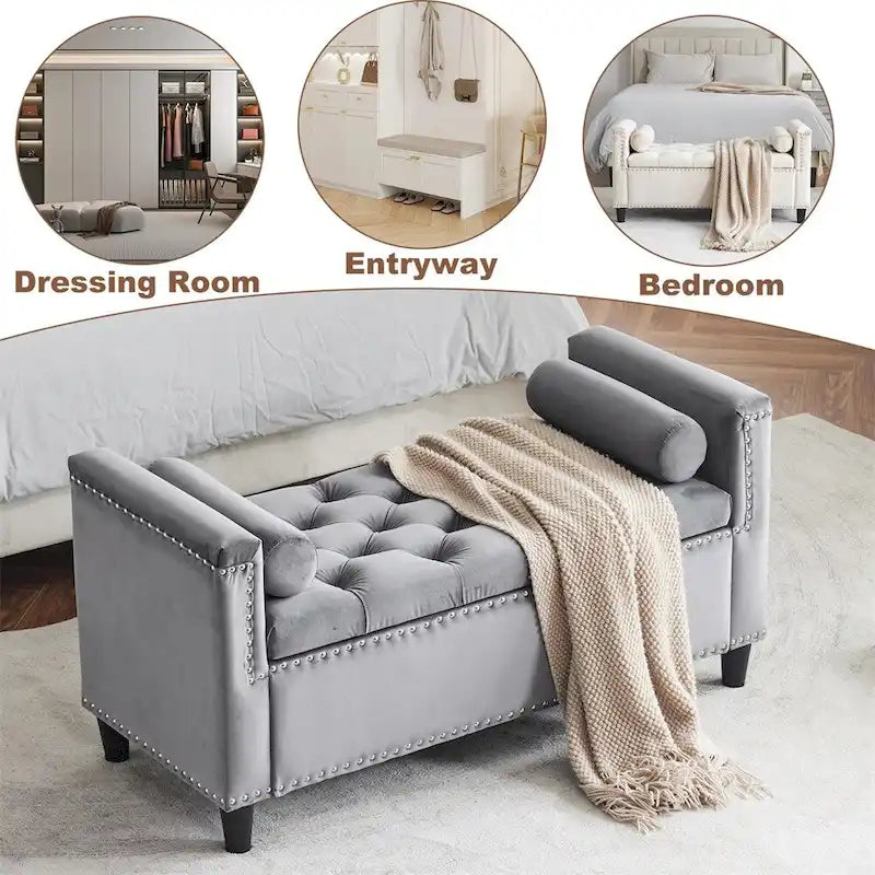 Storage Bench,44.5-Inch Queen Velvet Button Bedside Bench w/Armrests