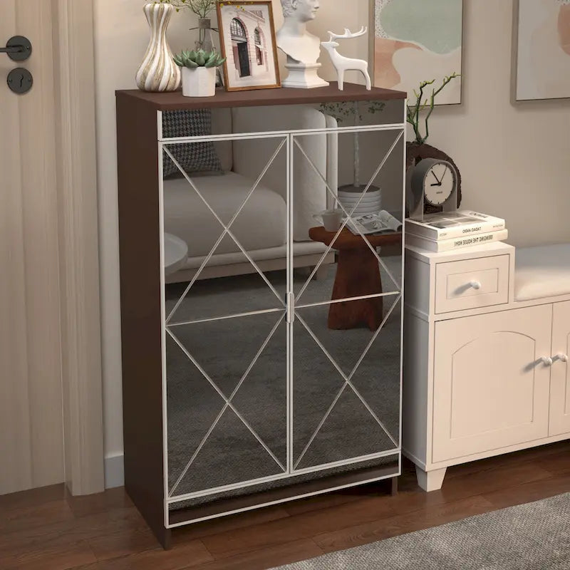 Elegant Decor Mirrored Cabinet with Silver Edging,Mirrored Cabinet with Double Door Storage,Shoe Storage Cabinet