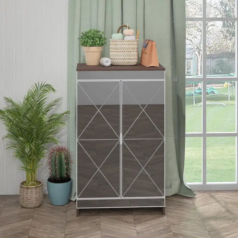 Elegant Decor Mirrored Cabinet with Silver Edging,Mirrored Cabinet with Double Door Storage,Shoe Storage Cabinet