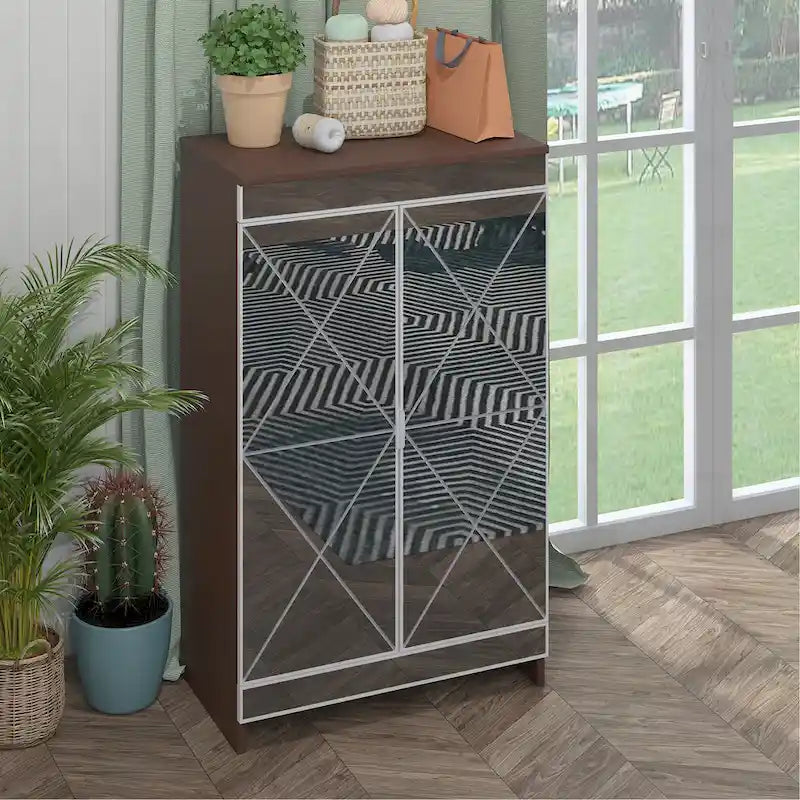 Elegant Decor Mirrored Cabinet with Silver Edging,Mirrored Cabinet with Double Door Storage,Shoe Storage Cabinet