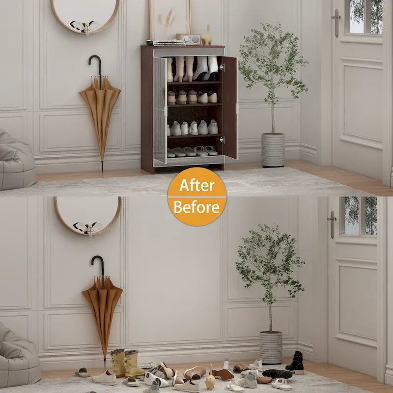 Elegant Decor Mirrored Cabinet with Silver Edging,Mirrored Cabinet with Double Door Storage,Shoe Storage Cabinet