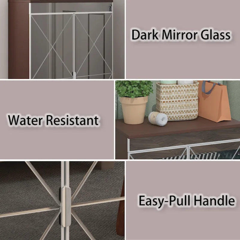 Elegant Decor Mirrored Cabinet with Silver Edging,Mirrored Cabinet with Double Door Storage,Shoe Storage Cabinet
