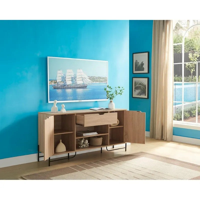 Buffet with Two Cabinets One Drawer with Six Shelves on Metal Legs for Living Room, Entryway, Bedroom