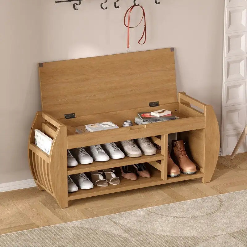 Retro Storage Bench with Cushion and Curved Side Panel for Entrance