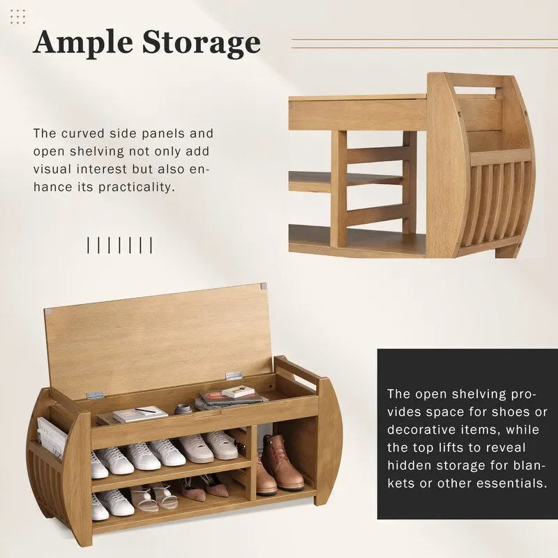 Retro Storage Bench with Cushion and Curved Side Panel for Entrance