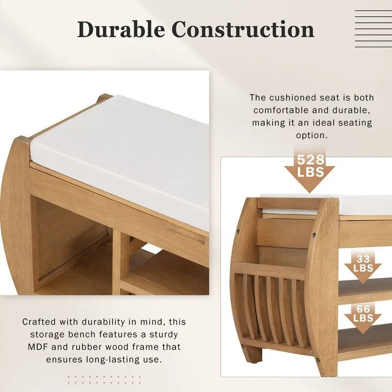 Retro Storage Bench with Cushion and Curved Side Panel for Entrance