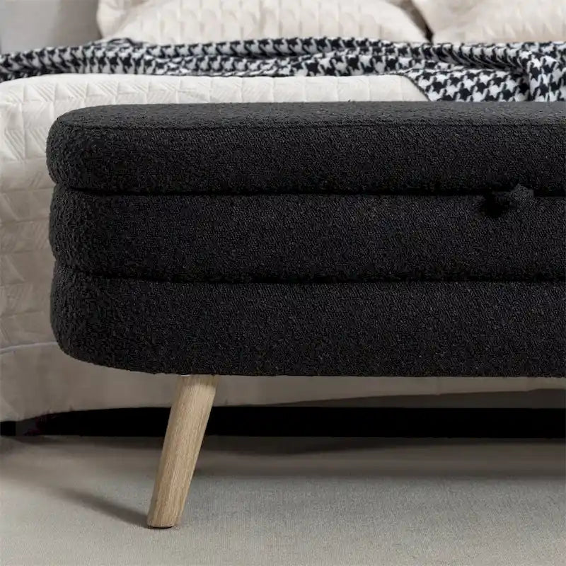 Boucle Fabric Storage Bench Bedroom Bench w/Wood Legs For Living Room