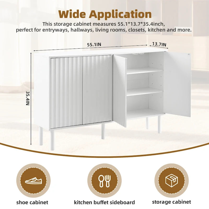 Shoe Cabinet with 5 Solid Wood Legs, Sideboard Buffet Cabinet with Fluted Doors, 4-Door Storage Cabinet with Adjustable Shelves