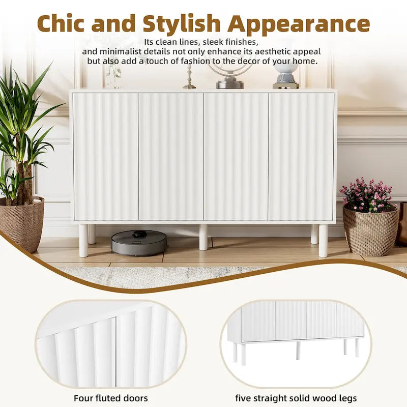 Shoe Cabinet with 5 Solid Wood Legs, Sideboard Buffet Cabinet with Fluted Doors, 4-Door Storage Cabinet with Adjustable Shelves