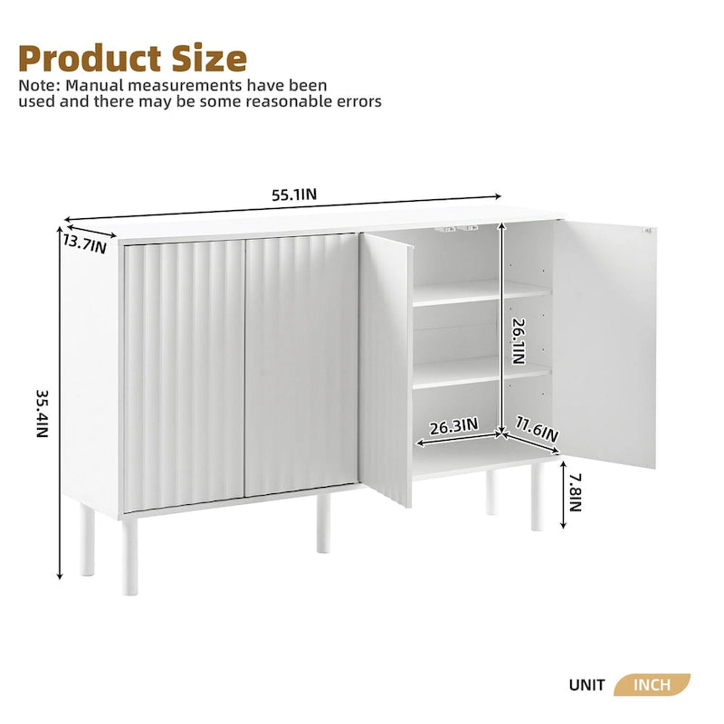 Shoe Cabinet with 5 Solid Wood Legs, Sideboard Buffet Cabinet with Fluted Doors, 4-Door Storage Cabinet with Adjustable Shelves