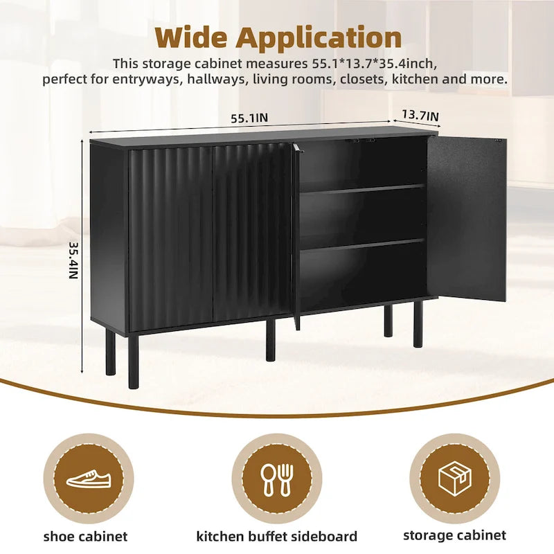 Shoe Cabinet with 5 Solid Wood Legs, Sideboard Buffet Cabinet with Fluted Doors, 4-Door Storage Cabinet with Adjustable Shelves