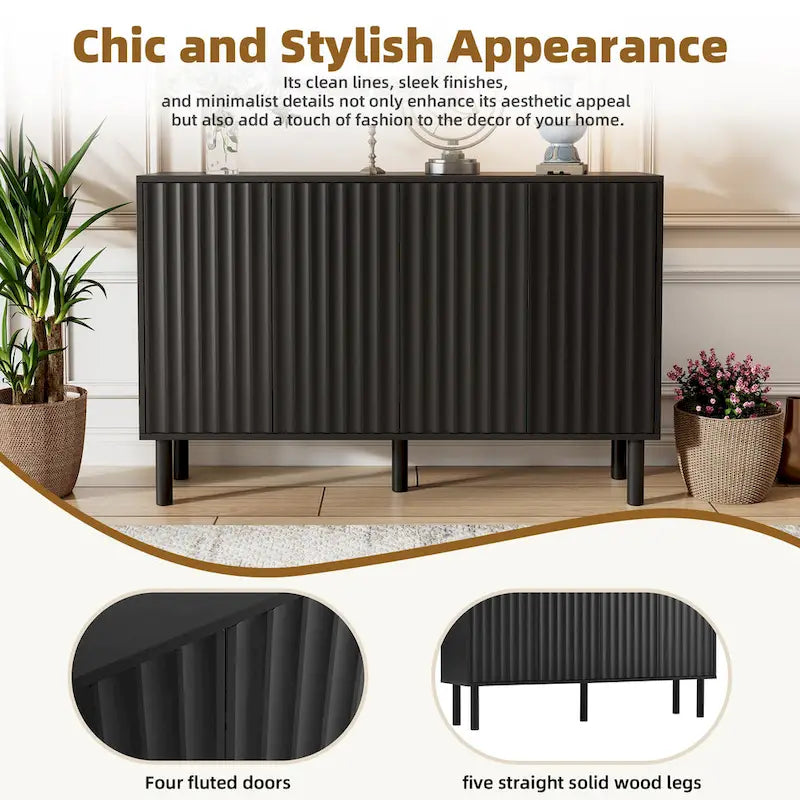 Shoe Cabinet with 5 Solid Wood Legs, Sideboard Buffet Cabinet with Fluted Doors, 4-Door Storage Cabinet with Adjustable Shelves