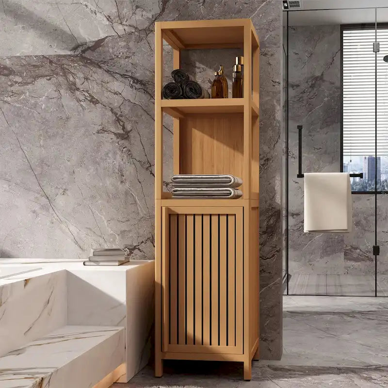 Storage Tall Slim Cabinet with Shutter Door and 3 Tier Shelves, Freestanding Linen Tower Cabinet for Living Room