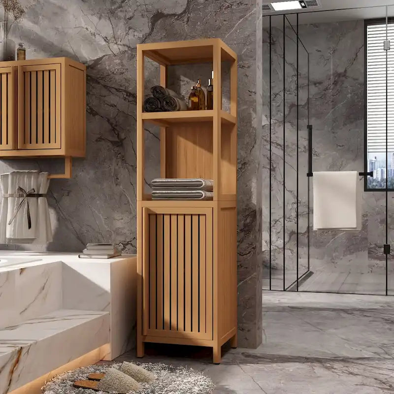Storage Tall Slim Cabinet with Shutter Door and 3 Tier Shelves, Freestanding Linen Tower Cabinet for Living Room