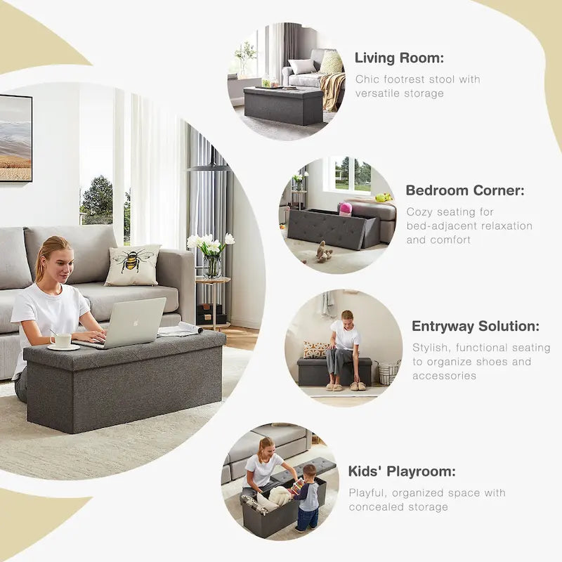 Stool Cushion Seat Rectangular Chair Foot Lounge Box, Gray, Large Size For Living Room/entrance/bedroom Storage Space