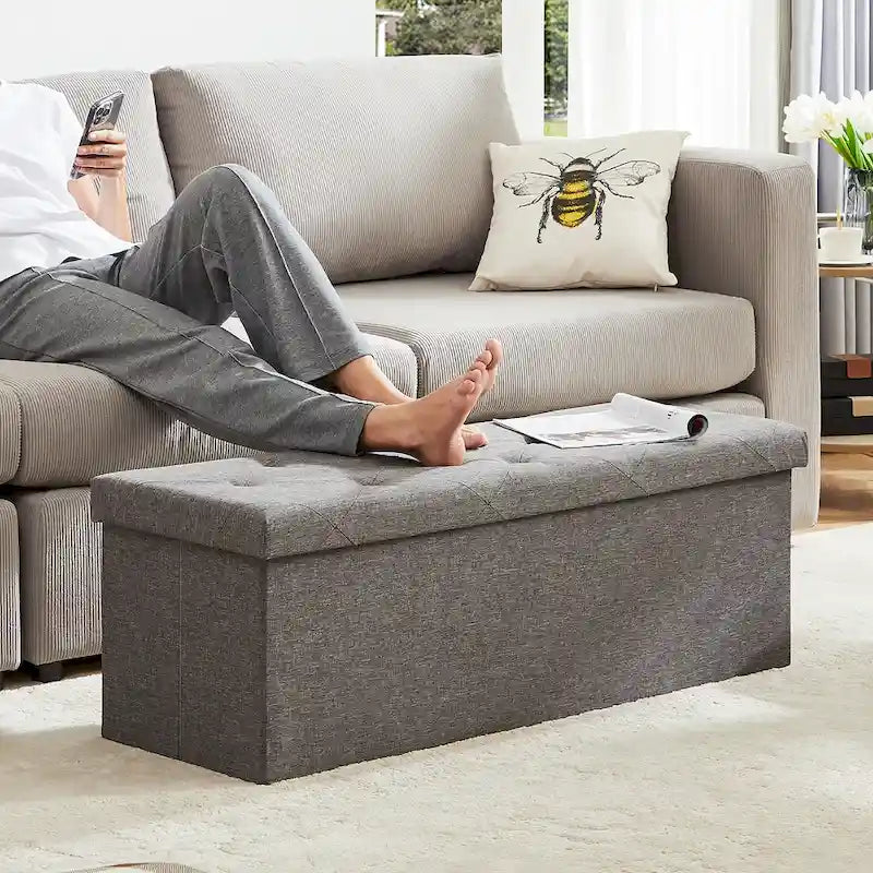 Stool Cushion Seat Rectangular Chair Foot Lounge Box, Gray, Large Size For Living Room/entrance/bedroom Storage Space