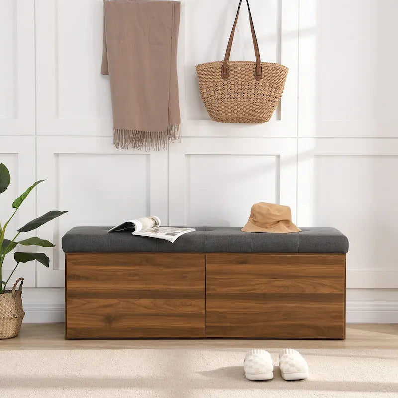 49 Shoe Storage Bench Entryway Shoe Cabinet Storage Ottoman with Padded Seat Cushion and Double Doors for Entryway, Bedroom