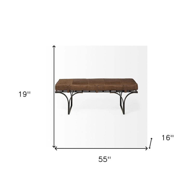 HomeRoots 55 Brown and Black Upholstered Genuine Leather Bench - 55