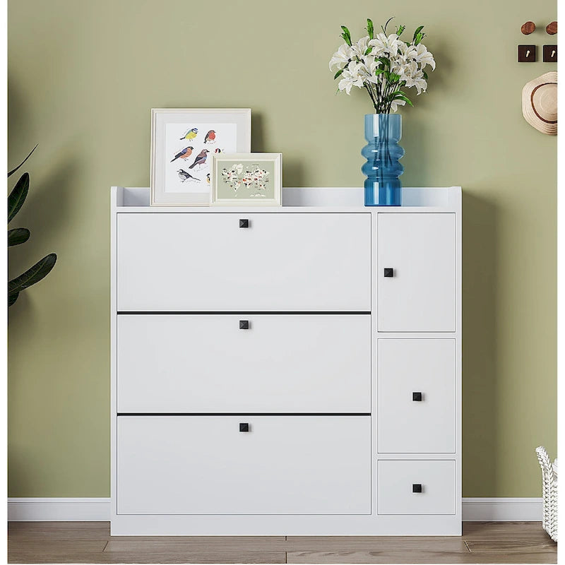 Versatile Tipping Bucket Shoe Cabinet with 3 Flip Drawers, Maximum Storage Entryway Organizer with Drawer