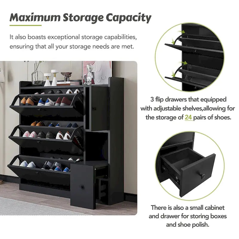 Versatile Tipping Bucket Shoe Cabinet with 3 Flip Drawers, Maximum Storage Entryway Organizer with Drawer