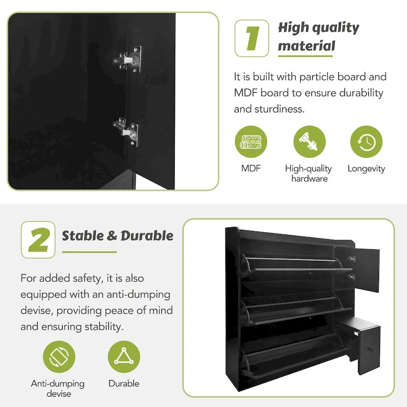 Versatile Tipping Bucket Shoe Cabinet with 3 Flip Drawers, Maximum Storage Entryway Organizer with Drawer
