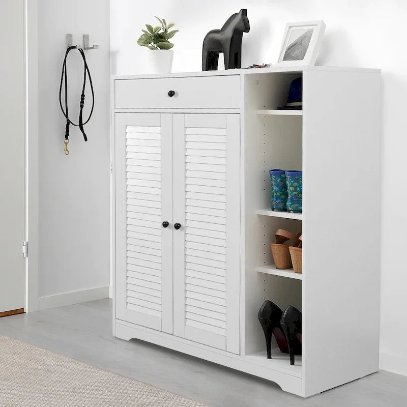 Freestanding Shoe Rack Organizer with 2 Shutter Door, Entryway Narrow Shoe Storage with Adjustable Storage Shelf &Top Drawer