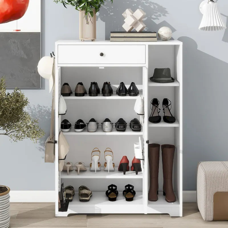 Freestanding Shoe Rack Organizer with 2 Shutter Door, Entryway Narrow Shoe Storage with Adjustable Storage Shelf &Top Drawer